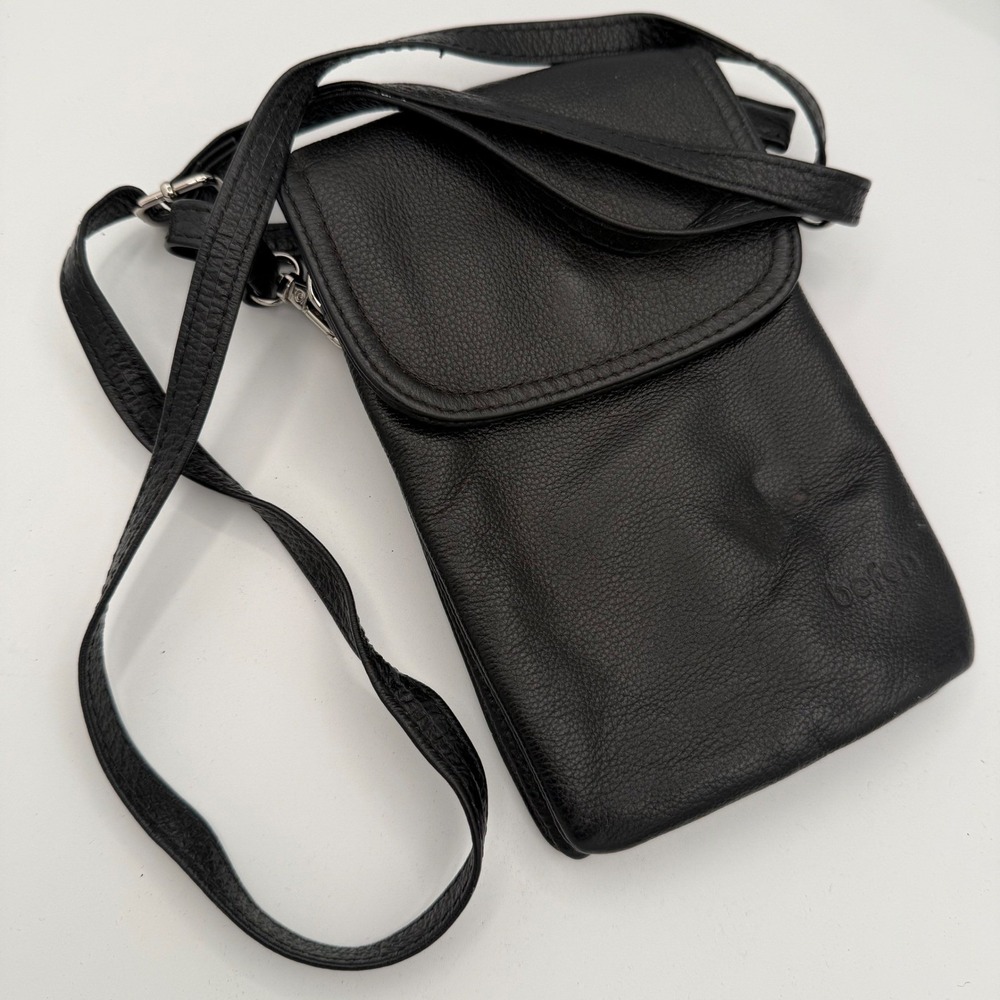 Beren Black Leather Phone Crossbody Bag Adjustable Strap Zip Pocket